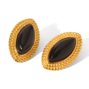 Vintage 18k gold plated stainless steel stud earrings with black marquise resin inlay