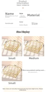 Size specifications for Nordic style gold metal fruit baskets in small medium large