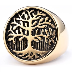 Vintage 316L stainless steel Tree of Life signet ring with embossed golden finish