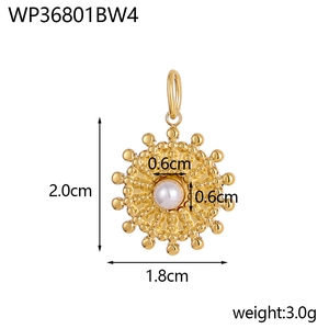 Detail of vintage gold sunflower pendant with white pearl and precise dimension specs