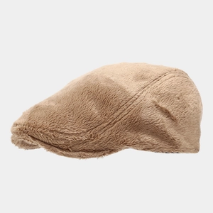 Winter plush ivy cap in solid camel color with soft faux fur texture and short brim design
