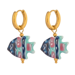 Detailed close-up of colorful ceramic fish earrings with blue and pink enamel patterns