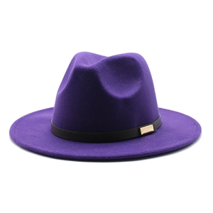Detail of the dark purple fedora hat featuring a black leather band and golden metal buckle