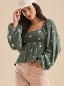 Blouse À Broderie Florale Col Carré Polyester Manches Lanternes Dos Smocké Haut Texturé Pour Femmes