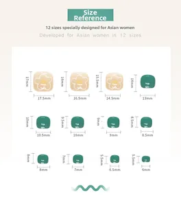 Size chart for green floral press-on toenails showing 12 different sizes in mm for women