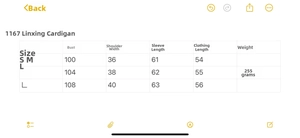 Detailed size chart for retro diamond knit cardigan showing S, M, and L measurements