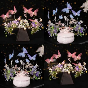 Floral Butterfly Wreath Headband With Faux Artificial Pearls Fabric Flowers Mesh Ribbons For Wedding Party Flower Girl Fairy Style