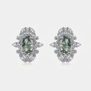Vintage Oval Natural Green Moss Agate Stud Earrings With 925 Sterling Silver Earring Post Zirconia Halo Retro Jewelry
