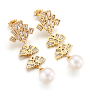Elegant Long Fan Shaped Geometric Dangle Earrings Stainless Steel Cubic Zirconia Micro Pave Faux Artificial Pearl Retro Drop Jewelry Women