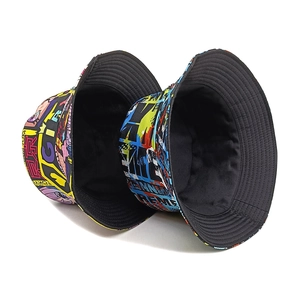 Anime graffiti bucket hat with Tokyo print and wide brim for outdoor sun protection