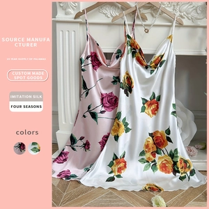 Rose Floral Print Satin Nightgown Plus Size Cowl Neck Sleeveless Slip Dress Backless Sleepwear For Women