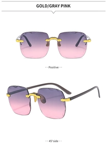 Detail of rimless square sunglasses with gold metal bridge and purple-pink gradient lenses