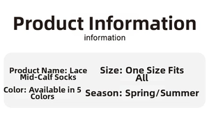 Detailed size and color specifications for women's breathable lace mid-calf socks