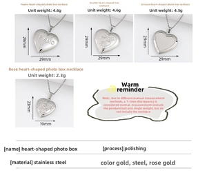 Detailed size specifications for heart-shaped stainless steel locket pendants in various styles