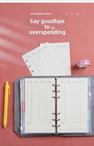 Detail of grey fabric binder with internal financial budget sheets and writing tools