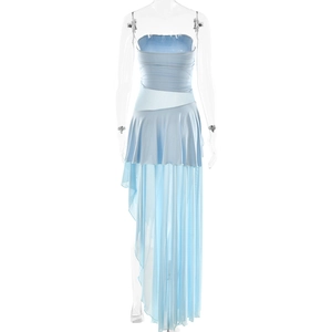 Detailed view of light blue strapless dress with sheer mesh layering and ruffled hem