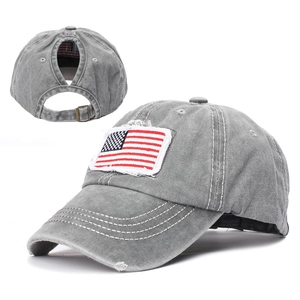Distressed charcoal cotton ponytail baseball cap with American flag embroidery