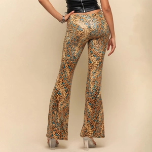 Slim fit leopard print flare trousers in brown and blue with high elasticity for women