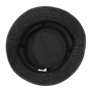 Inside view of black washed denim bucket hat with cotton lining and sweatband details