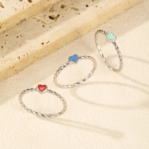S925 silver twist rings with colorful enamel heart charms in red, blue, and green colors