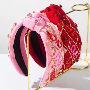 Cerchietto Annodato per San Valentino Perline Cucite a Mano Cuore Lettera LOVE XOXO Strass Dolce Accessorio per Capelli Donna