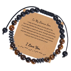 Detail of tiger eye bead bracelet for Bonus Son with Morse code message card