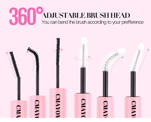 Detail showing 360-degree flexible mascara wand heads with soft and spiral bristles