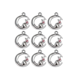 Pendentifs chat lune en alliage argenté avec cristaux roses pour bijoux DIY lot de 9