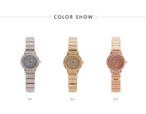 Detailed comparison of full diamond quartz watches in silver, gold, and rose gold finishes