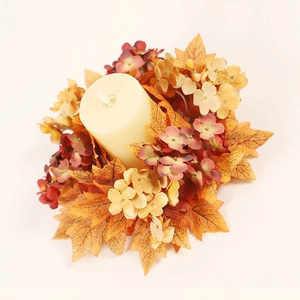 Artificial maple leaf candle ring with LED candle for Thanksgiving and Halloween decor