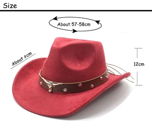 Dimensions détaillées du chapeau de cowboy rouge avec emblème de taureau et cuir
