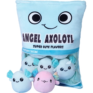 Creative blue pouch of plush axolotl dolls including multiple small soft stuffed animals