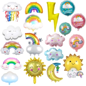 Rainbow and cloud foil balloons set for kids birthday party decoration with sun and moon