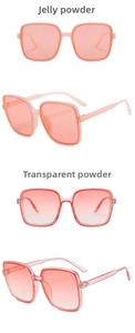 Detailed views of jelly pink and transparent pink oversized square sunglasses with metal rivets