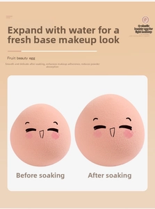 Detail of peach makeup sponge expanding in size after soaking in water