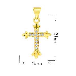 Detailed view of gold cross pendant with micro-pave cubic zirconia sized 21mm x 15mm