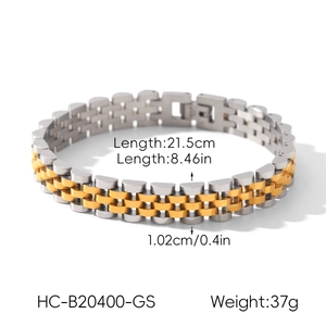 Detail showing 21.5cm length and 1.02cm width of gold-toned stainless steel bracelet