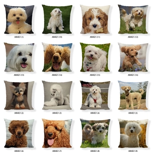 Collage of 16 linen pillow covers with diverse dog prints and distinct model numbers