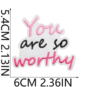 Size details for 'You are so worthy' pink embroidered patch with 5.4x6cm dimensions