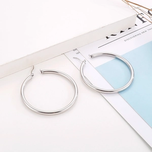 Classic silver titanium steel hoop earrings displayed with stylish magazine and dried flower