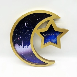Golden crescent moon and star Ramadan Kareem wooden tray with mosque pattern silhouette