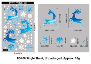 Detailed dimensions of blue Christmas elk and snowflake static window stickers