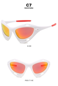 Front and side view of white Y2K sports sunglasses with orange mirror lenses and red temples