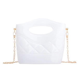 Borsa a secchiello jelly bianca lucida trapuntata con catena dorata e manico