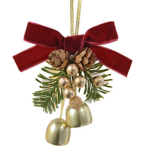 Christmas hanging ornament with red velvet bow, gold bells, and natural pine cones