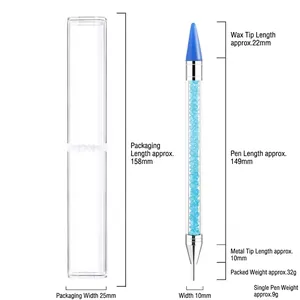 Detailed view of dual-ended acrylic nail dotting tool with blue wax tip and crystals