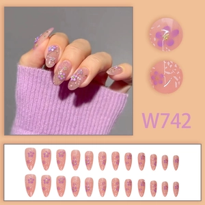 Lila Blumen-Kunstnägel mit Goldfolie und langer Mandelform im 24er-Set für Damen
