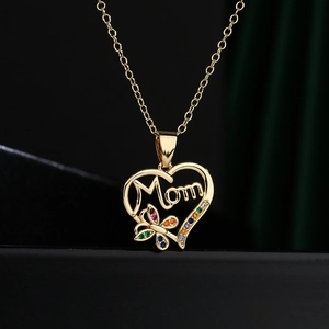 Golden Mom heart necklace with colorful gemstone butterfly pendant on black background