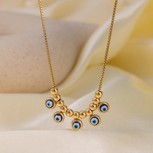 Collana in acciaio inossidabile placcata oro 18K con cinque perline malocchio blu e sfere oro