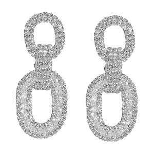 Luxurious silver geometric chain earrings with sparkling rhinestones on white background